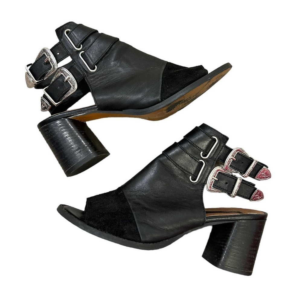 TOPSHOP Block Buckle Peep Toe Heels Black Leather Size 6.5